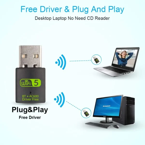GearUP 600Mbps Dual Band WiFi + Bluetooth Adapter For Windows PC/Laptop- (Driver Free Version, WiFi Hotspot Supported, 2.4GHz + 5GHz) - Image 2