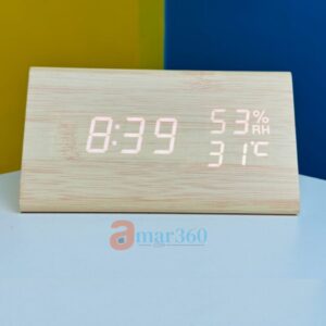 Wooden digital electronic alarm clock triangle wooden clock creative voice control LED can display temperature and humidity (WHITE)