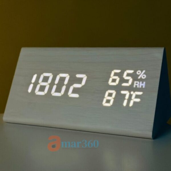 Wooden digital electronic alarm clock triangle wooden clock creative voice control LED can display temperature and humidity (WHITE) - Image 2