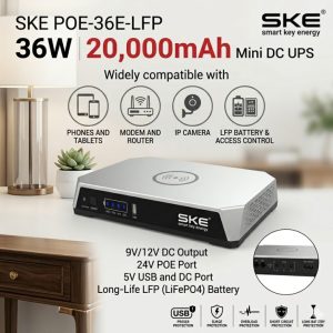 SKE POE-36E-LFP 20,000mAh Mini DC UPS – 36W High Power Backup with LiFePO4 Battery (5V/9V/12V 3A)